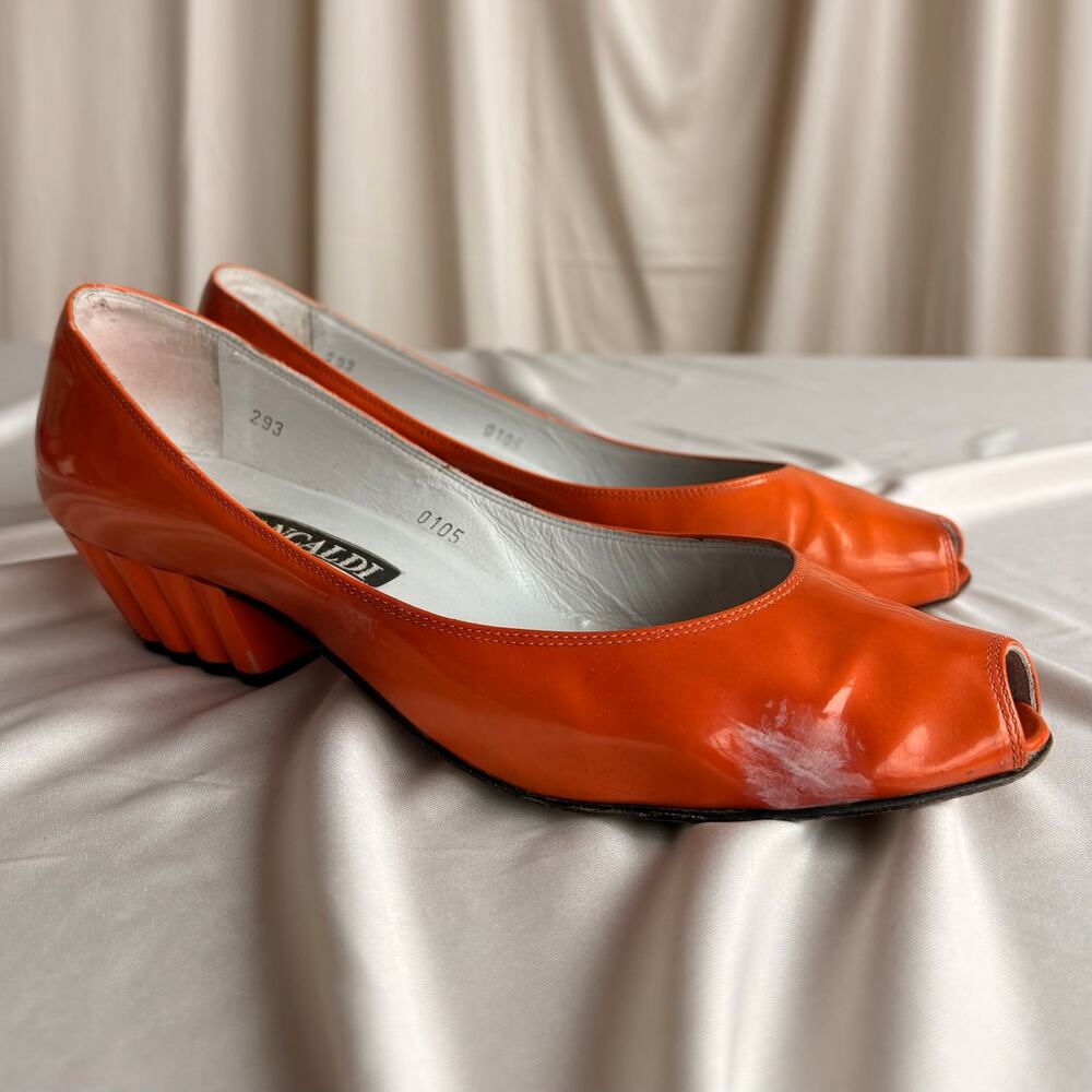 Pancaldi Neon Orange Patent Heels - Ribbed Block Heel, Peep Toe, Size 7.5